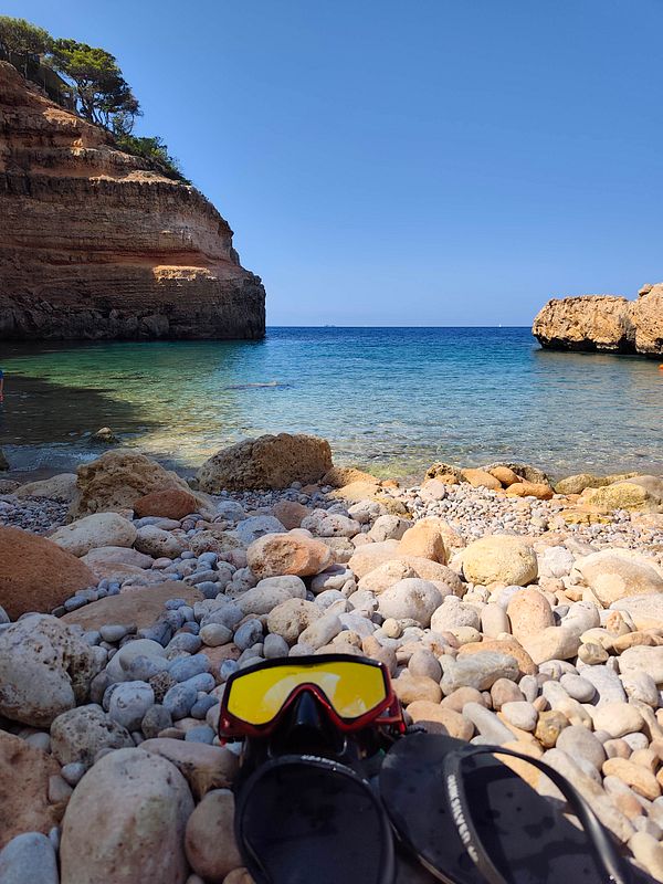 A woman snorkeling in clear blue water with coral reefs visible below and a view of the beach and sky in the background.