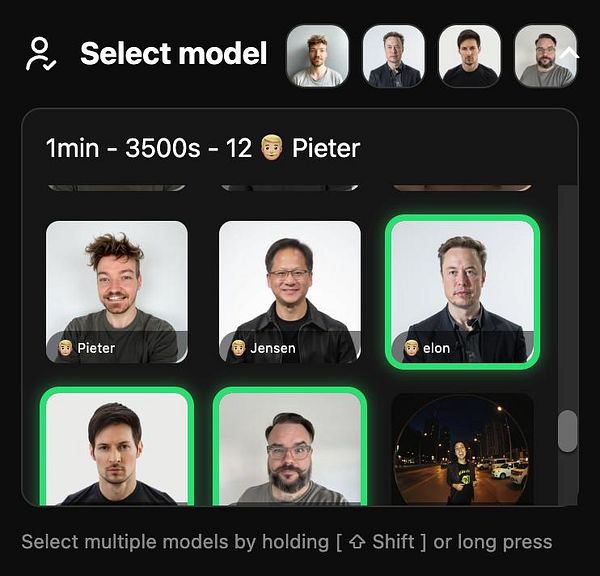 The image displays a user interface for selecting models in a photo AI application.
