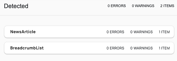 The image displays a UI interface showing detected schema items related to a website migration project.