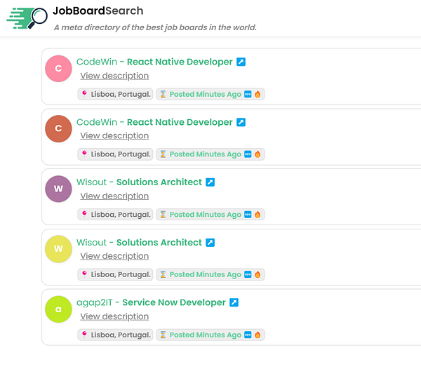 The image displays a job feed from JobBoardSearch featuring various job listings.