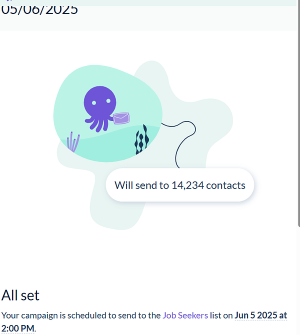 A colorful graphic illustrating a scheduled newsletter campaign for job seekers.