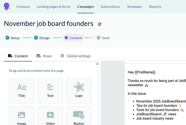 The image displays a user interface for creating a newsletter targeted at job board founders.