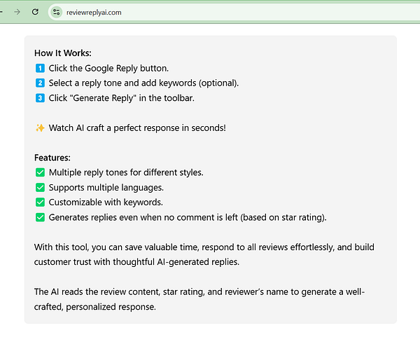 The image displays a webpage outlining how to use the Review Reply AI tool.