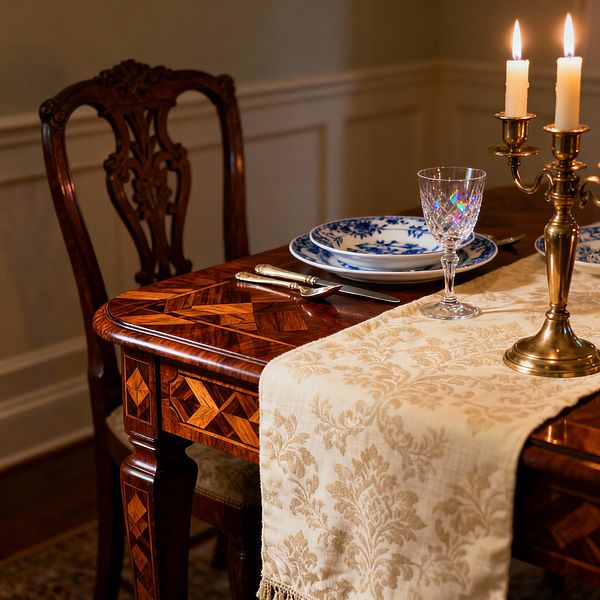 A close-up of a traditional dining setting shows a polished dark-wood table with intricate marquetry and rounded edges, paired with a carved chair. An ivory damask runner with fringe supports blue-and-white floral porcelain, a cut-crystal wine glass, and silver flatware, while a brass candlestick with two lit tapers casts warm light across paneled wainscoting and a patterned rug edge, creating a refined, classic atmosphere suited to formal dinners.