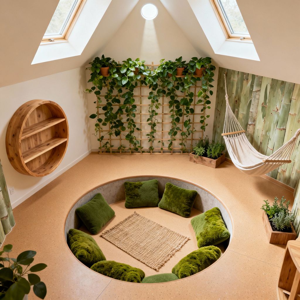 A vaulted kids’ room features two skylights and a small round window above a sunken circular play pit lined with moss-green cushions around a jute rug. A bamboo-clad wall and cotton canvas hammock balance a timber trellis draped with trailing plants, while wood planters and a round oak wall shelf add warmth; cork flooring and warm white walls keep the space bright and natural.