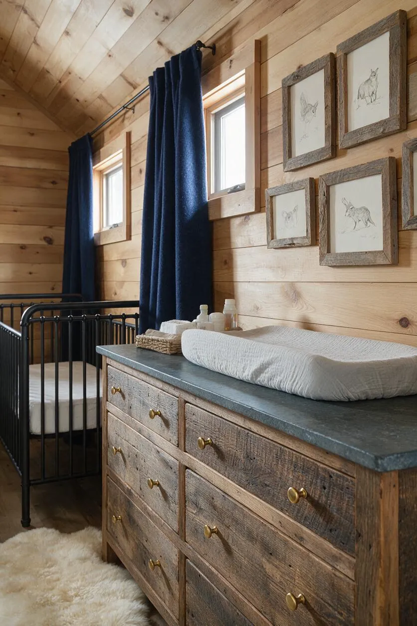 A rustic nursery with wood plank walls and a sloped ceiling, featuring a black metal crib beside a reclaimed wood dresser with a dark countertop and brass knobs. Navy curtains frame small windows, while framed animal sketches add a gentle decorative touch above the changing area.