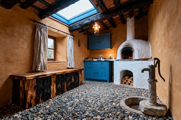 A rustic kitchen with ochre clay-plastered walls and a floor of smooth river pebbles features exposed dark timber beams under terracotta tiles. A skylight and small lantern light deep blue cabinets with a metal worktop beside a whitewashed, arched wood‑fired oven with stacked logs below. A live‑edge bench with charred detailing lines the left wall, while a cast‑iron hand pump stands over a stone basin near a window with linen curtains.