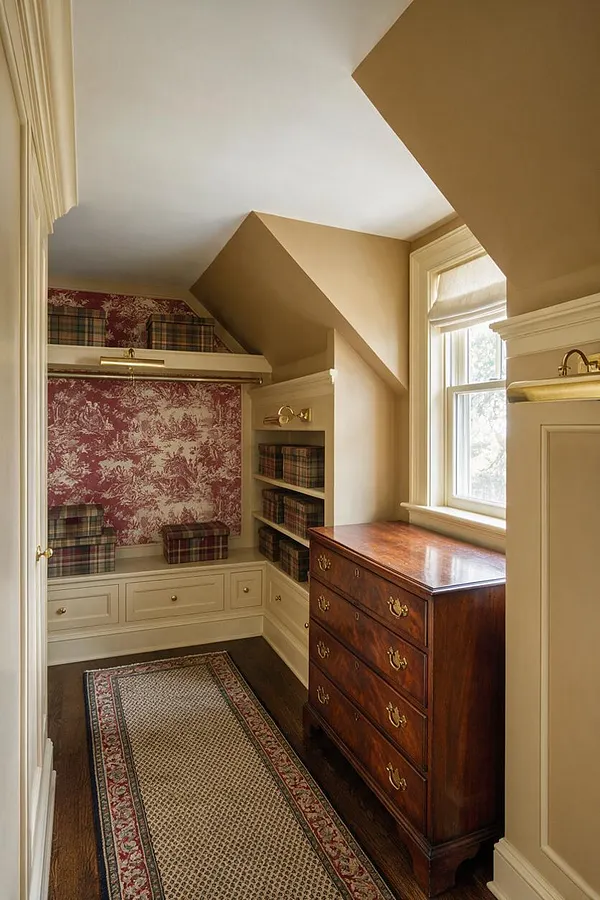 A narrow traditional closet with cream built-in shelving, brass hardware, and a sloped ceiling. The space includes patterned wallpaper, plaid storage boxes, a polished wood chest of drawers, a window with a soft roman shade, and a runner rug on dark hardwood floors.