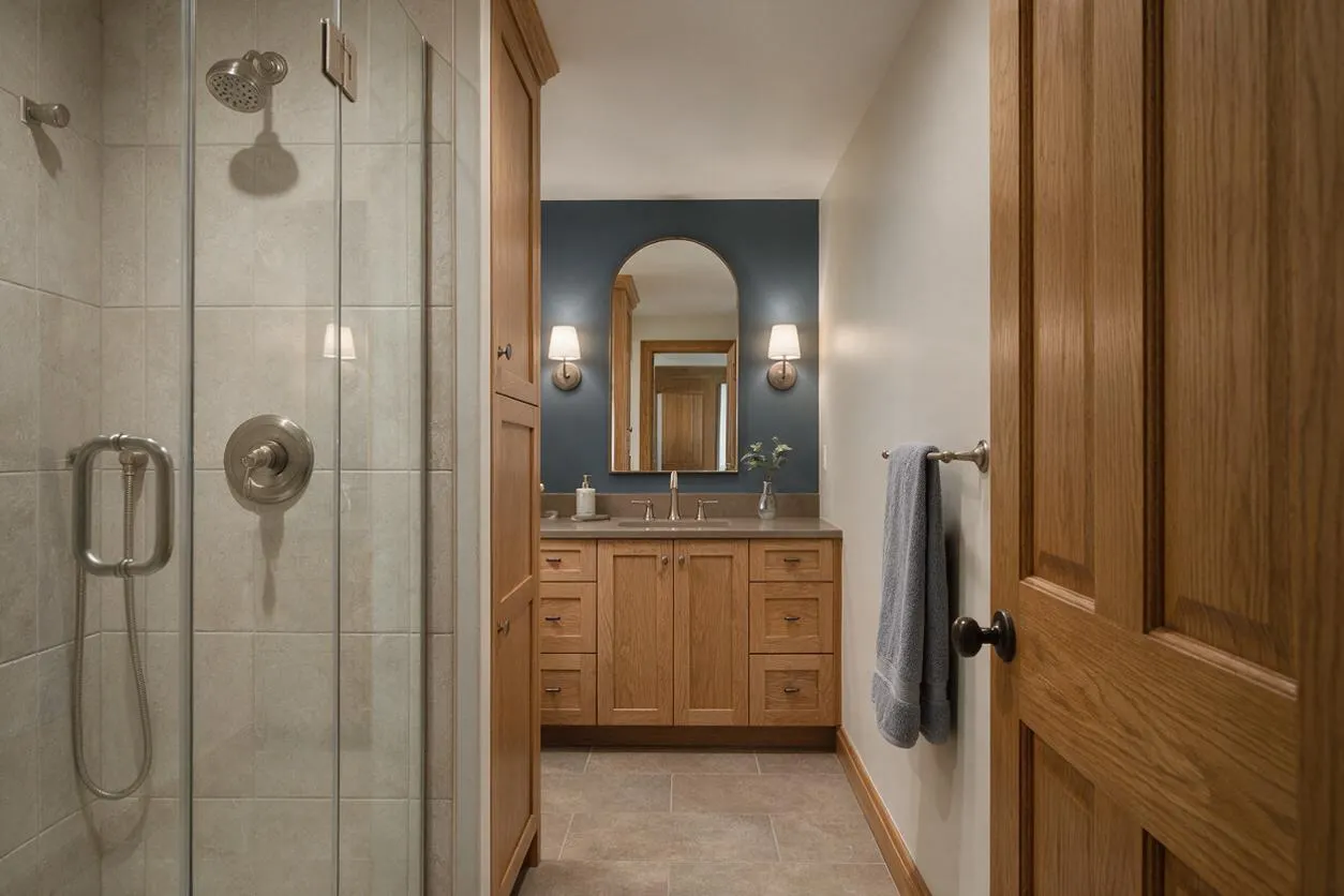 A transitional master bathroom with a glass-enclosed shower on the left, featuring light stone tile, a built-in shower head, and brushed metal fixtures. At the end of the room is a warm oak double vanity with a stone countertop, an arched mirror, and two wall sconces on a deep blue accent wall.