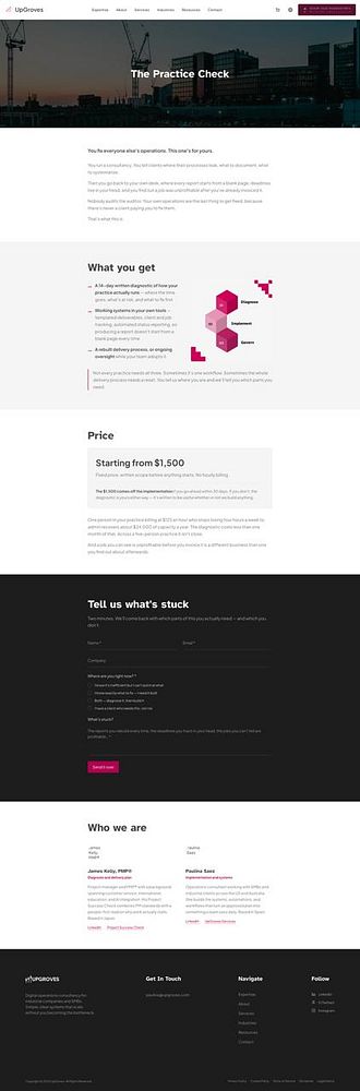 Landing page for a joint business offer by James on Upgroves website, detailing process and sections about reliability and enrolling.