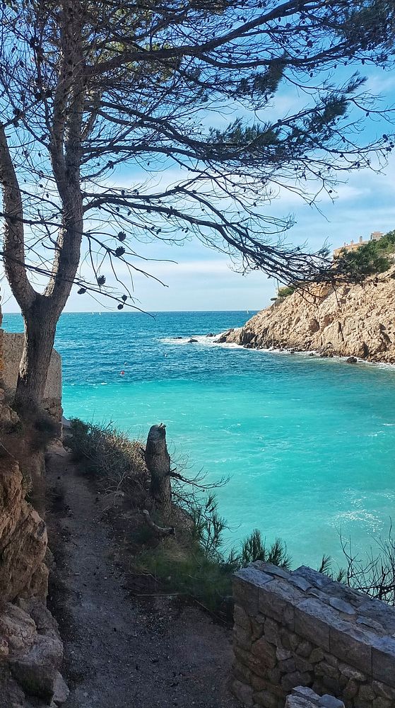 Photograph of a scenic mountainous trail under a vibrant blue sky with some clouds, showing a natural landscape ideal for hiking.