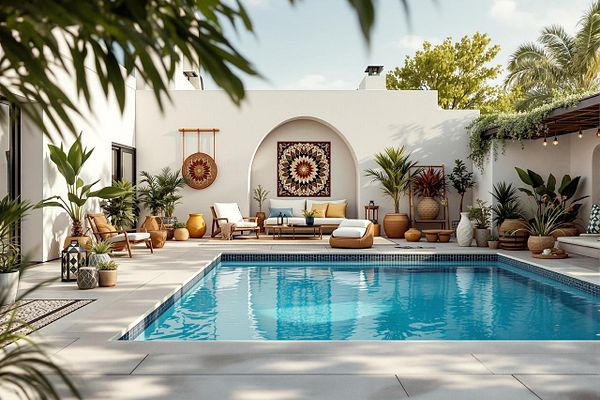 A beautifully designed outdoor patio area featuring a swimming pool, stylish furniture, and lush greenery.