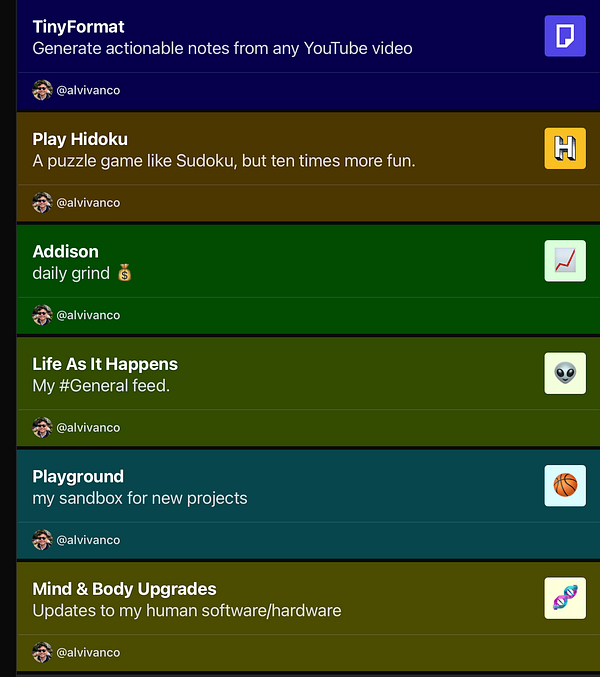 The image displays a user interface featuring various project titles and descriptions from a social media or productivity platform.