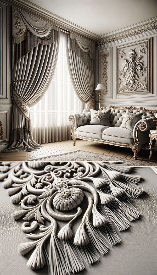 an elegant room featuring curtains with detailed passementerie trimmings, and a sofa upholstered with passementerie fringes