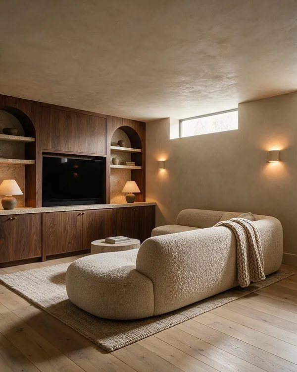 A cozy media room with a low, curved boucle sofa facing a built-in wall unit with a large TV, walnut cabinetry, and arched open shelves. Soft wall sconces, a small high window, a textured rug, and warm wood floors create a calm organic modern atmosphere.