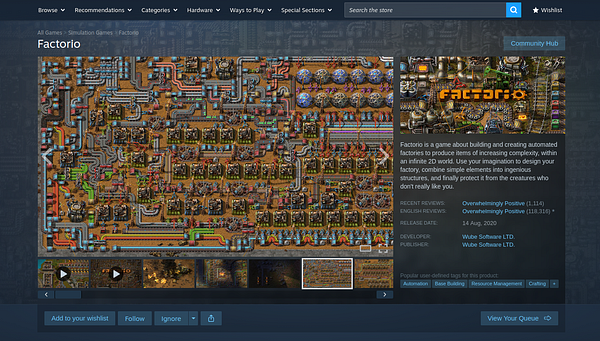 Steam store page showing the game Factorio available for Linux with overwhelmingly positive reviews.