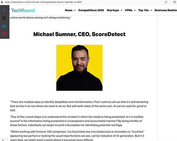 The image features Michael Sumner, CEO of ScoreDetect, alongside an article discussing deepfakes.
