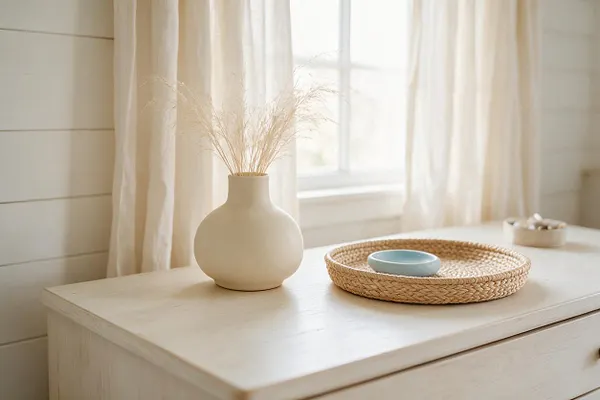 A bright coastal-style vignette on a pale wood dresser features a rounded matte white vase with airy dried grass, a woven tray with a small blue bowl, and sheer cream curtains glowing in sunlight by a window. The palette is soft and neutral with natural textures and a relaxed, airy feel.
