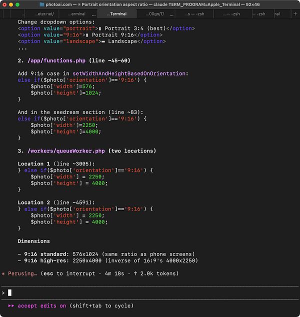 The image displays a code snippet in a terminal interface related to modifying aspect ratios for a photo application.