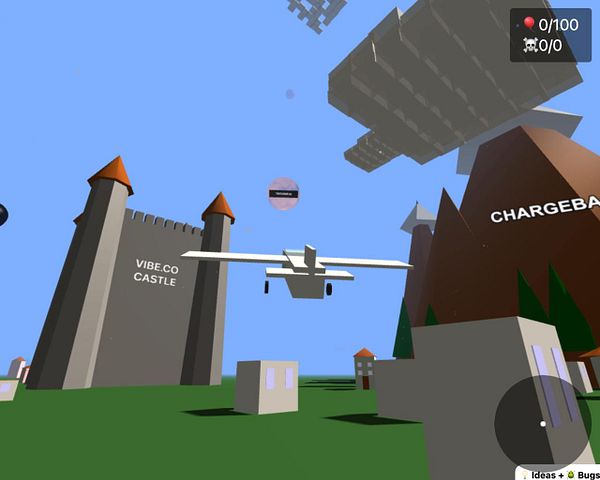 A 3D virtual environment featuring a castle and an aircraft.