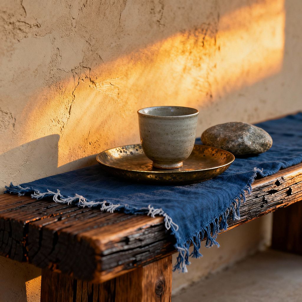 A close-up of a Wabi-Sabi living room detail shows a rough reclaimed-wood bench draped with a fringed indigo linen runner. On the cloth sits a speckled stoneware cup on a hammered brass plate, next to a smooth river stone. Warm, low sunlight grazes a cracked plaster wall, casting soft shadows and accentuating the timber’s splits and nail holes.