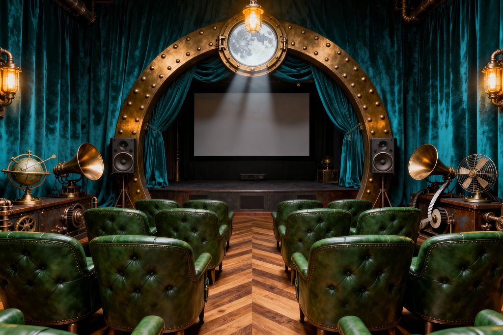 A steampunk home theater features rows of tufted emerald green leather armchairs facing a projection screen. A large riveted antique-brass arch with a porthole-style light and teal velvet curtains frames the stage. Chevron walnut-and-oak flooring guides the aisle. On side consoles sit brass gramophones, an armillary sphere, and a vintage metal fan beside speakers. Warm caged Edison sconces and exposed copper pipes create an industrial, cinematic glow.
