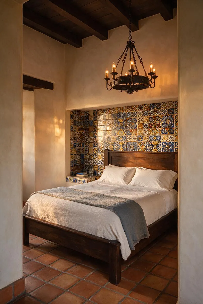 A Mediterranean-style master bedroom with a dark wood bed, white bedding, and a blue-and-gold patterned tile headboard wall. Terracotta floor tiles, exposed dark ceiling beams, plaster walls, and a wrought-iron chandelier create a warm rustic atmosphere.