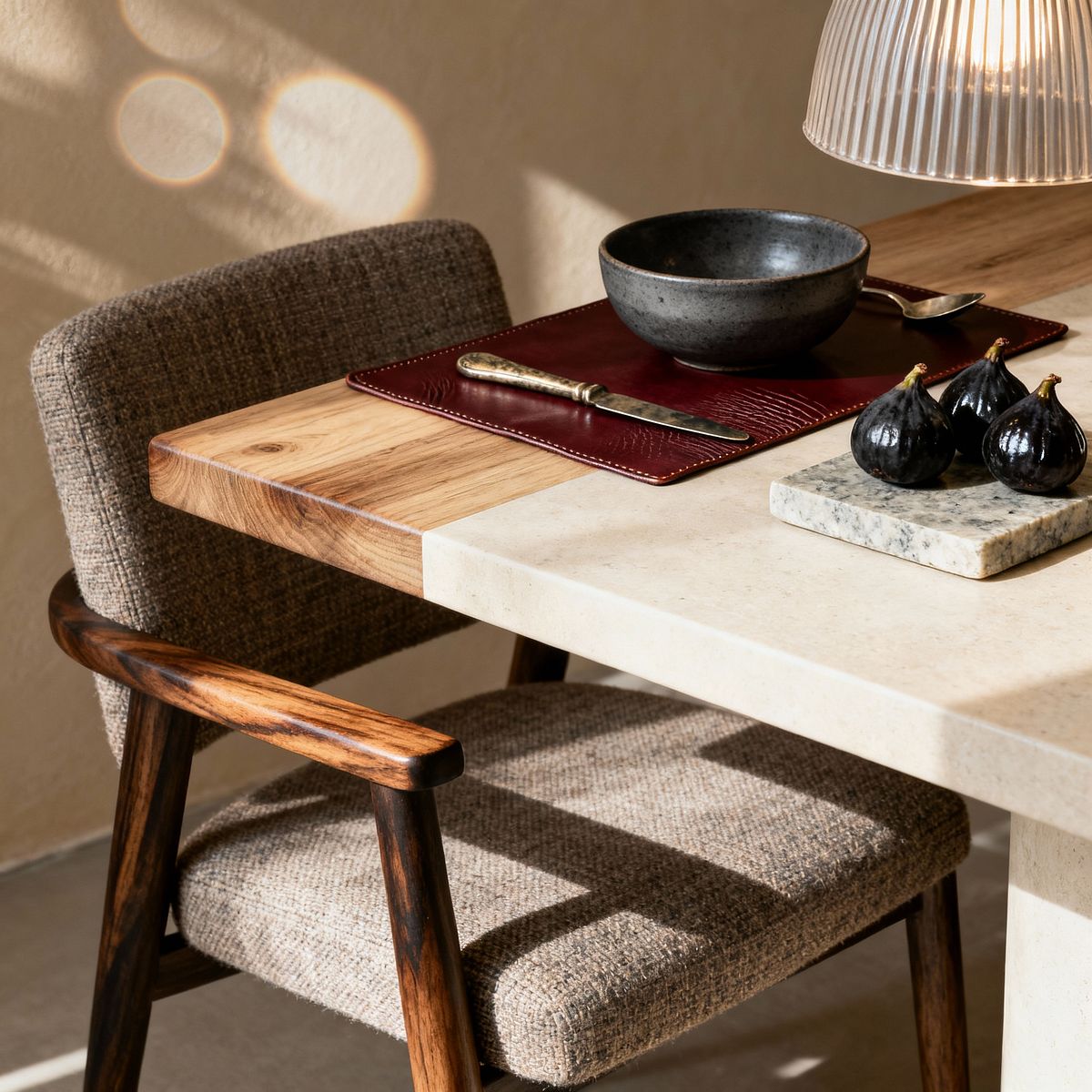 Room AI – Transitional Dining with Stone-and-Wood Table - Interior
