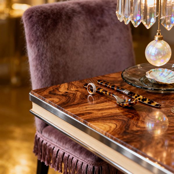Close-up of a vintage glam dining scene featuring a glossy burl wood table with polished chrome edging beside a mauve, fringed mohair chair. On the tabletop are tortoiseshell-patterned flatware, a small sparkling ring, and a glass plate holding an iridescent shell, while crystal chandelier prisms and a pearl-like bulb cast warm golden light across the richly grained wood.