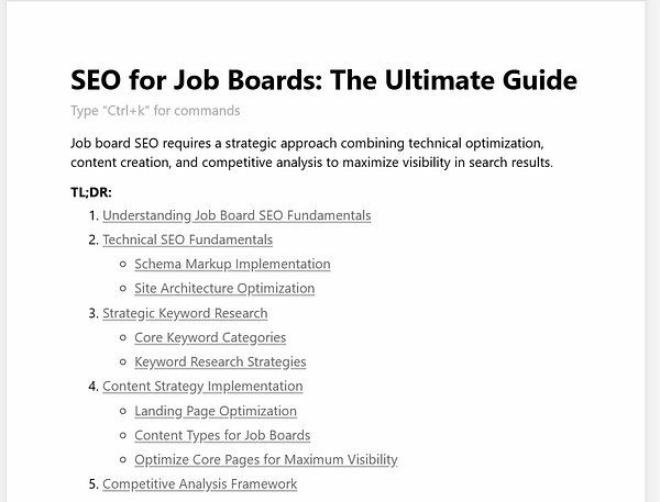 The image displays a document titled 'SEO for Job Boards: The Ultimate Guide' with a structured outline of its contents.