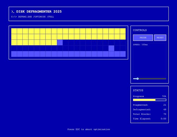 A digital interface simulating a disk defragmentation process with a retro aesthetic.