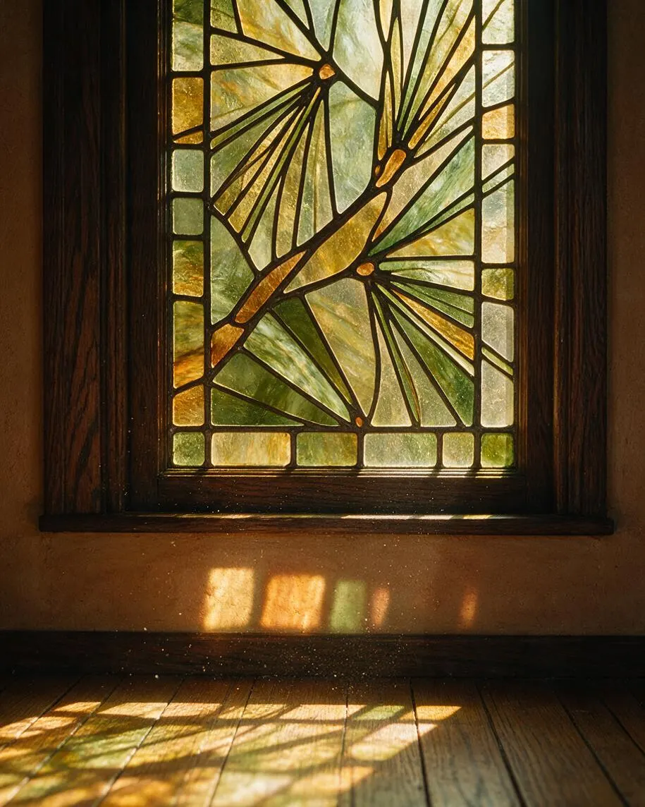 A close view of a Craftsman-style stained glass window set in dark wood trim, featuring an abstract geometric leaf pattern in amber, olive, and pale green tones. Warm sunlight passes through the glass and casts colorful reflections onto the plaster wall and wooden floor below.