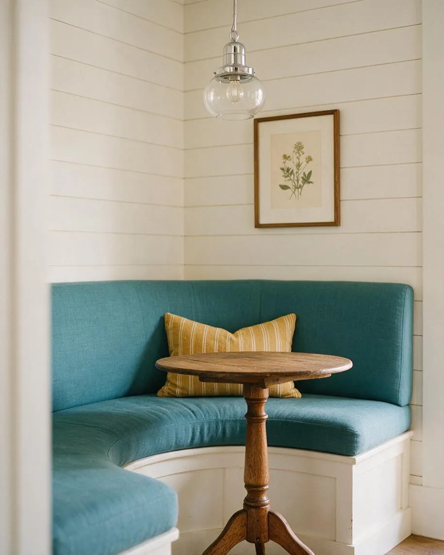 A cozy nook features a curved teal upholstered banquette built into a white paneled corner, paired with a small round wooden pedestal table and a mustard striped throw pillow. Above, a clear glass pendant light and a framed botanical print add warmth against the shiplap-style white walls.