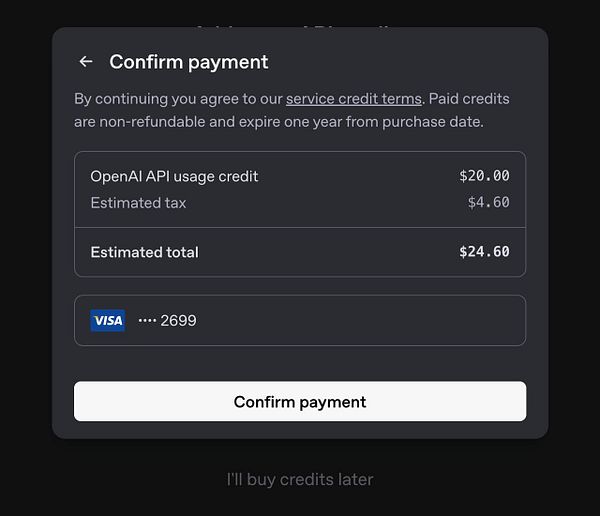 The image displays a payment confirmation interface for OpenAI API usage credits.