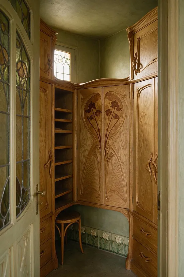 A small Art Nouveau closet room with curved oak cabinetry built into the walls, featuring carved floral panels and flowing organic lines. A decorative stained-glass door stands open in the foreground, and a small wooden stool sits beneath the cabinets near a floral tile border.