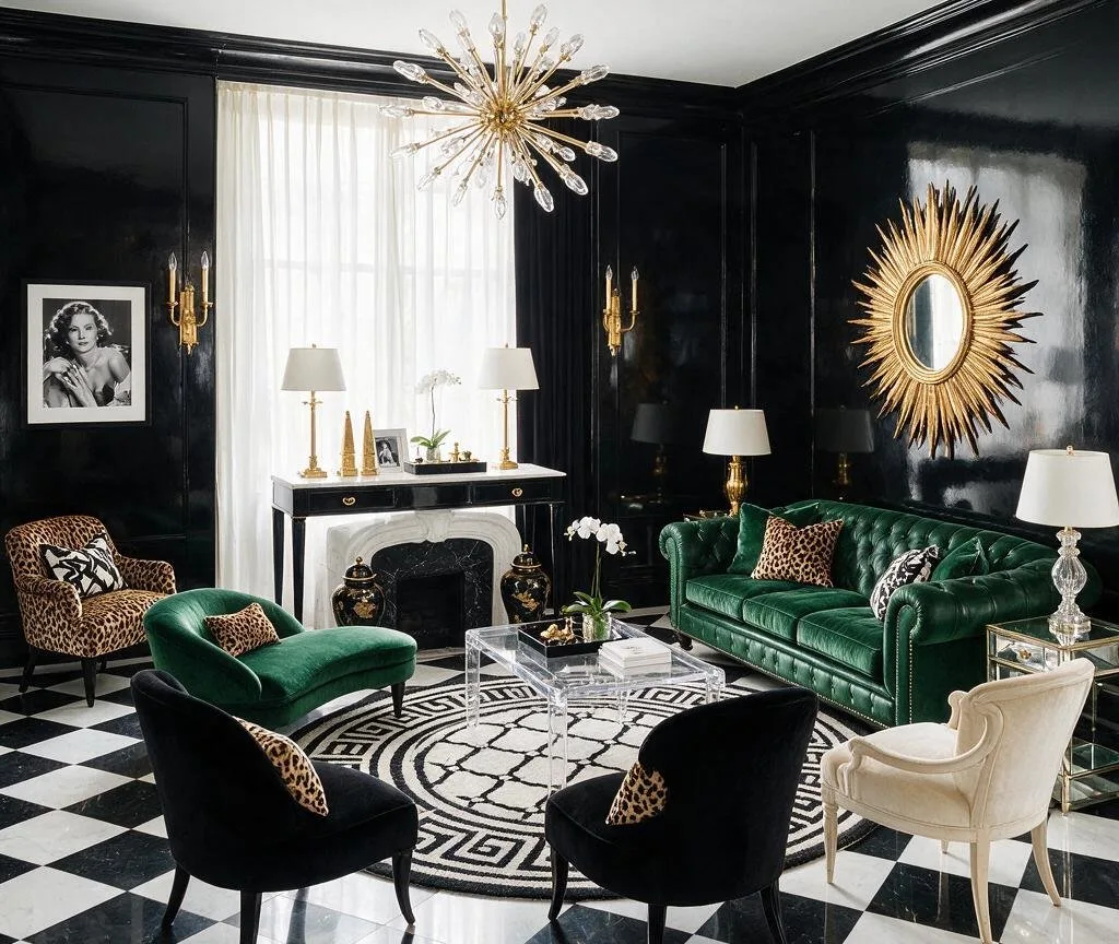 A living room in the Hollywood Regency style