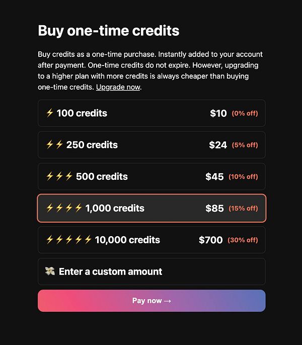 The image displays a pricing table for purchasing one-time credits with various options and discounts.