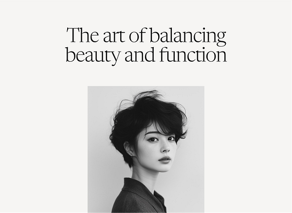 A monochrome portrait of a young woman with short, tousled hair, accompanied by a quote about beauty and function.