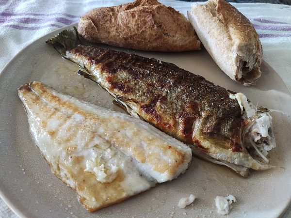 A plate featuring two types of cooked fish and two pieces of bread.