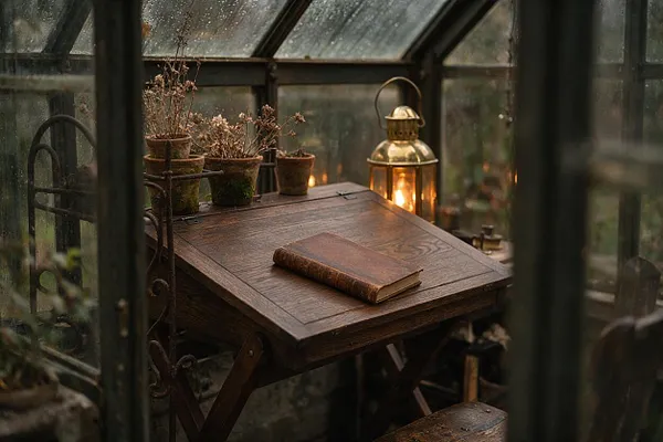 A small wooden writing desk sits inside a glass greenhouse, viewed through dark metal framing. On the desk rests a worn leather-bound book, with potted dried plants and a brass lantern glowing warmly beside it, creating a moody Dark Academia vignette.