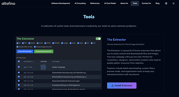 The image displays a webpage for a tool called 'The Extractor' on the altafino website.