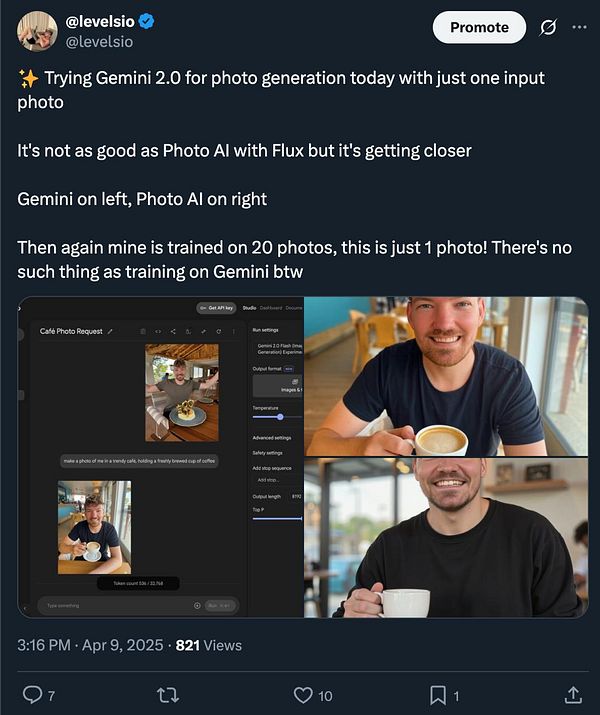The image compares two AI-generated photos of a man holding a cup of coffee, showcasing the results from Gemini 2.0 and Photo AI.
