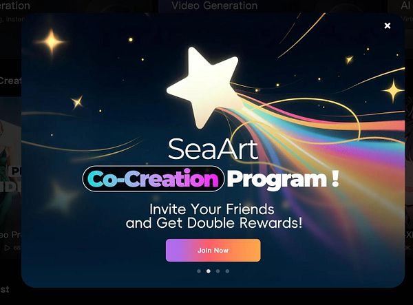 A promotional banner for the SeaArt Co-Creation Program inviting users to invite friends for rewards.