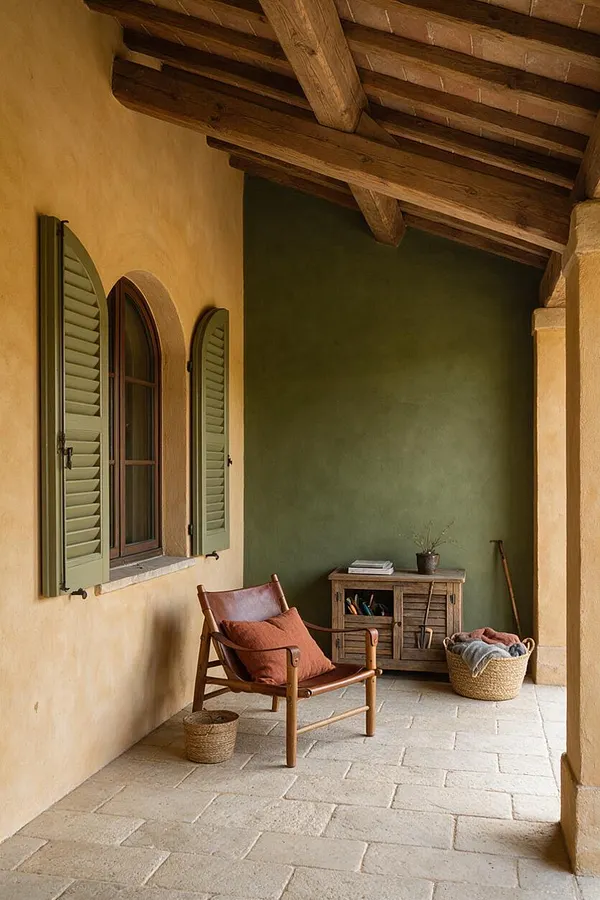A Mediterranean-style front porch with pale stucco walls, green shuttered arched window, and a deep olive accent wall. The space features a rustic wooden lounge chair with rust-colored cushions, a small woven basket, a wooden storage cabinet, and a stone-tile floor under exposed timber beams.