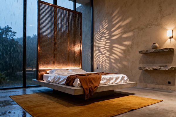 A contemporary bedroom features a floating concrete platform bed with white linens and a rust-brown throw. A perforated copper screen behind the bed is backlit, casting patterned shadows on sand-colored plaster walls; floor-to-ceiling glass reveals rainfall outside, a warm wall sconce glows above two rough stone shelves, and a mustard rug softens the polished concrete floor.