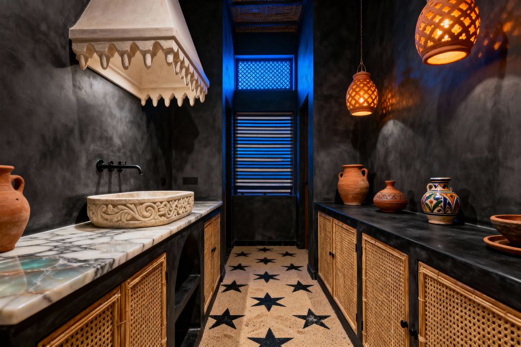 A moody Moroccan galley kitchen features charcoal plaster walls, cane-front base cabinets, and black counters. On the left, a veined marble worktop holds a carved limestone vessel sink with a black wall-mounted faucet beneath a scalloped plaster hood; on the right, terracotta pottery and a painted ceramic jar sit under perforated terracotta pendants casting patterned light. A sand-colored terrazzo floor with black stars leads to a blue-lit lattice window and a woven ceiling panel.