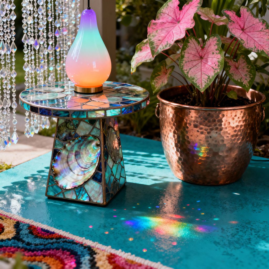 Outdoor patio vignette featuring a small side table clad in iridescent glass mosaic with abalone shell inlays, topped by a glowing rainbow-gradient teardrop lamp. To the right sits a hammered copper planter holding pink-and-green caladium. Crystal bead strands hang at the left, scattering prismatic light across a glossy turquoise floor next to a brightly patterned tufted rug.