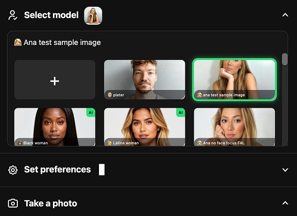 The image displays a model selection interface with various profile images and options.