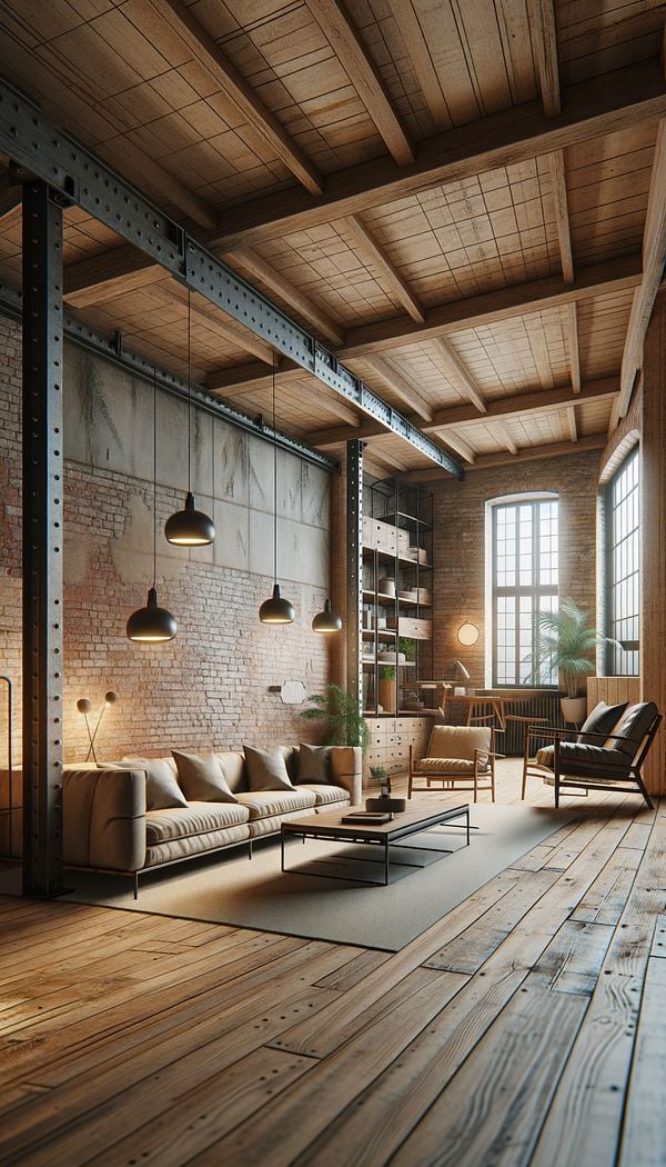 An open-concept living space with exposed brick walls, wooden beams on the ceiling, and metal fixtures. The room is furnished with sturdy wooden and metal furniture, with pendant lights hanging from the ceiling.