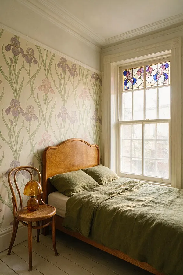 A softly lit bedroom with a curved wooden bed frame, olive-green bedding, and a vintage bentwood chair used as a bedside table. The walls are covered in delicate floral wallpaper, and a tall window with stained glass floral details brings in warm natural light.
